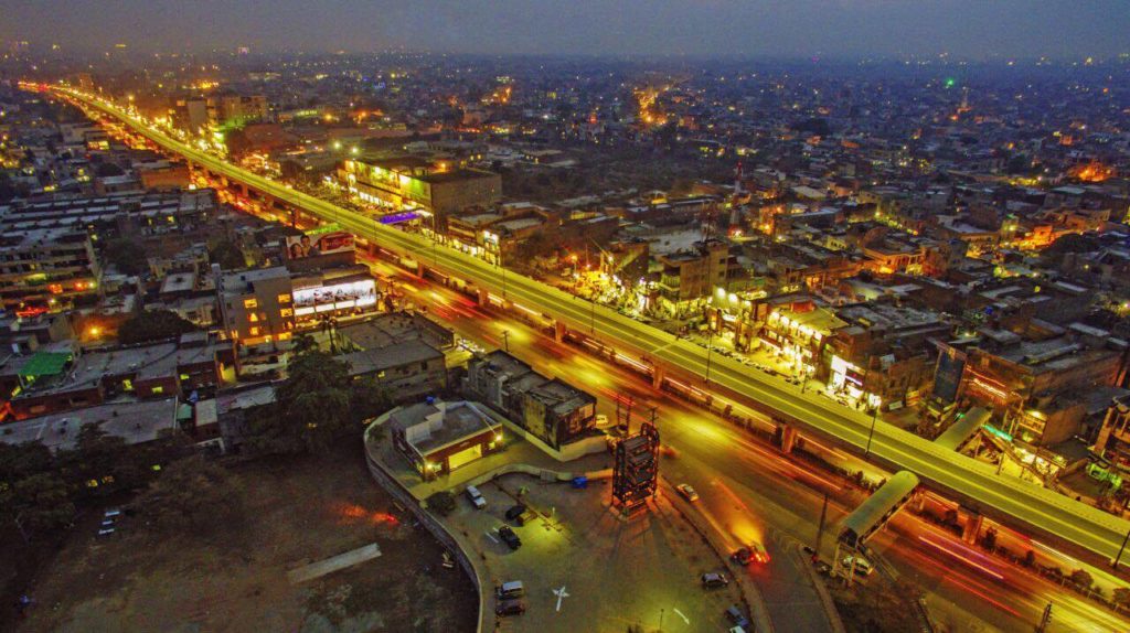 Night View of Elevated Metro Track in Lahore