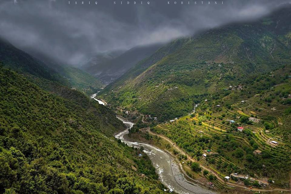 River swat Along with Bahrain-Kalam road as seen from GURNAL, Swat valley
